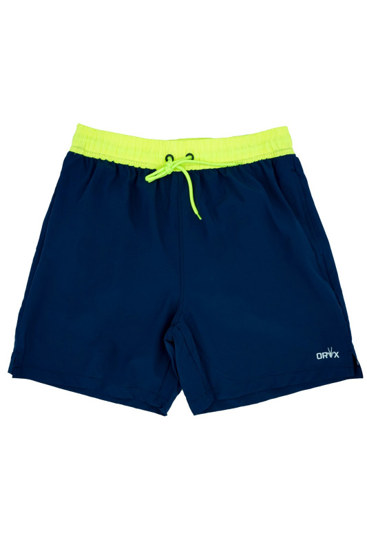 شورت قماش سترتش اللون الازرق الغامق مع حزام اخضر نيون